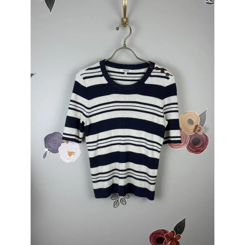 Madewell Navy and White Ribbed Striped Short Sleeve Sweater Top - Size - Small